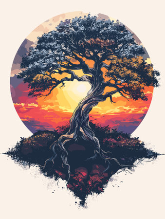 Silhouette of an old tree at sunset. Vector illustration.のイラスト素材