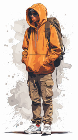 Vector illustration of a young man with a backpack on a grunge background.のイラスト素材