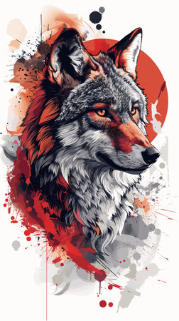 Hand drawn wolf head with grunge splashes. Vector illustration.のイラスト素材