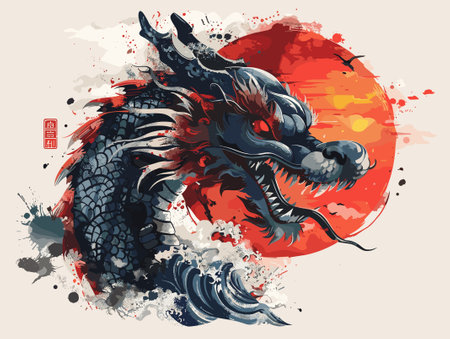 Dragon head with grunge splashes and sun. Vector illustration.のイラスト素材