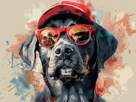 Vector illustration of a dog wearing red sunglasses on a grunge backgroundのイラスト素材