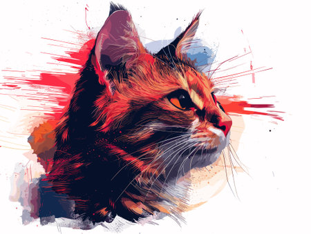 Portrait of cat with colorful ink splashes. Vector illustration.