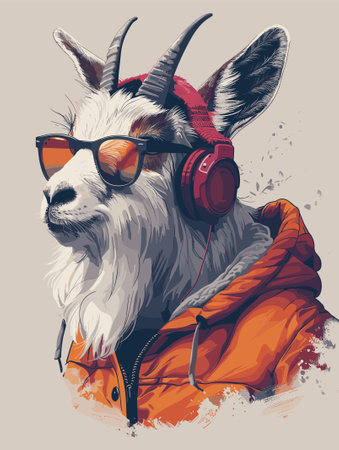Portrait of hipster goat with headphones and sunglasses. Vector illustration.のイラスト素材