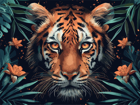 Tiger face with tropical leaves and flowers. Jungle animal. Vector illustrationのイラスト素材
