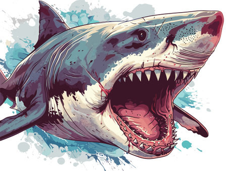 Great white shark. Vector illustration of a great white shark with open mouth.のイラスト素材