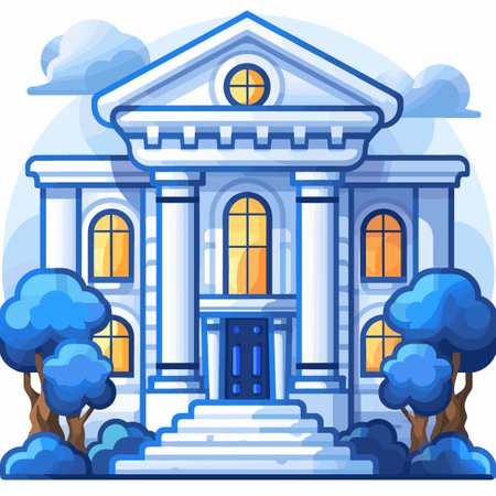 Illustration of a School Building with Blue Trees and Blue Sky Backgroundのイラスト素材
