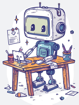 Hand drawn vector illustration of an old robot working on a desk.のイラスト素材