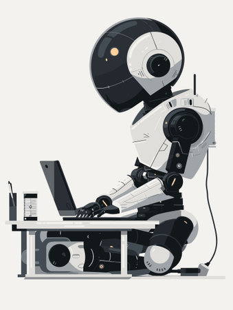 Robot working on a laptop. Vector illustration in a flat style.のイラスト素材