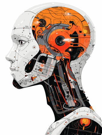 Vector illustration of a female robot sitting on a motorcycle. Isolated on white background.のイラスト素材