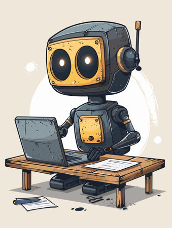 Vector illustration of a robot with a laptop on a wooden table.のイラスト素材