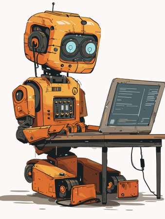 Vector illustration of an orange robot working on a laptop in the officeのイラスト素材