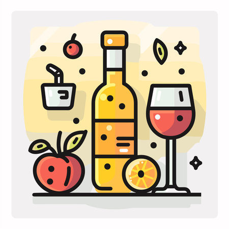 Bottle of wine, glass and apple. Flat design vector illustration.のイラスト素材