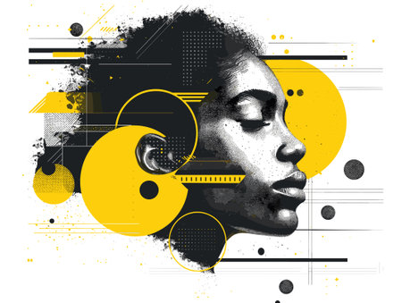 Fashion illustration of a beautiful woman's face in profile with red and black circles.