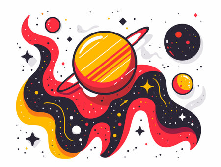 Vector illustration of planets and stars in flat style on white background.のイラスト素材