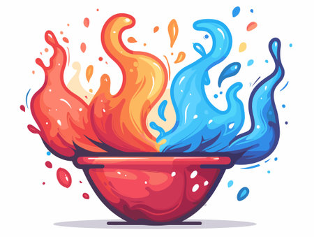 Illustration of a red bowl with blue and orange fire flames.のイラスト素材