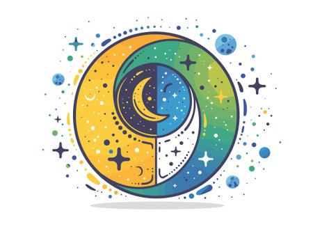 Moon and stars icon on colorful circle with dots. Vector illustration.のイラスト素材