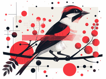 Bullfinch on a branch with red berries. Vector illustration.のイラスト素材