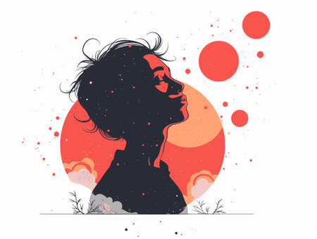 Vector illustration of a silhouette of a girl in profile on a background of the sun.