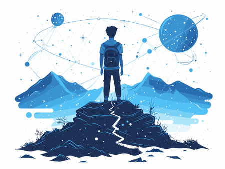 Astronaut on the top of the mountain. Vector illustration.のイラスト素材