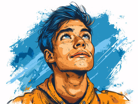 Portrait of a handsome young man with blue hair. Vector illustration.