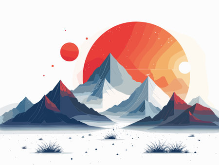 Mountains and sun. Vector illustration in flat style. Mountain landscape.のイラスト素材
