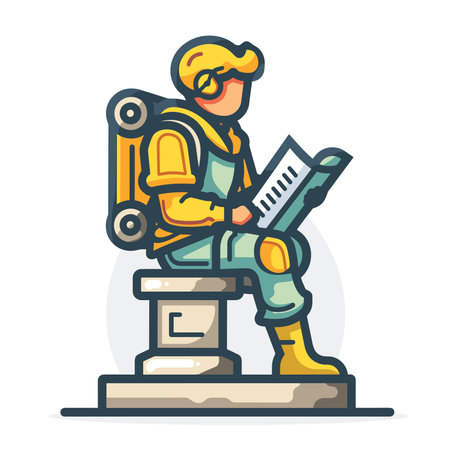 Backpacker sitting on pedestal and reading newspaper. Vector illustration.のイラスト素材