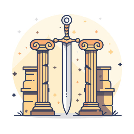 Medieval sword in ancient column. Vector illustration in flat style.のイラスト素材