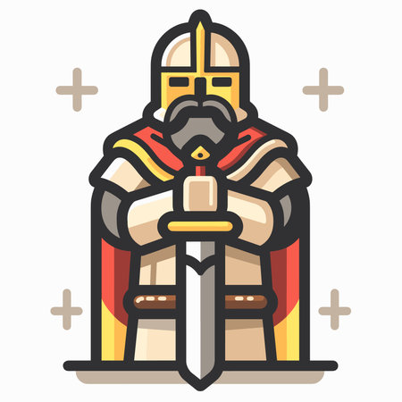 Medieval knight in armor with sword and shield. Vector illustration.のイラスト素材