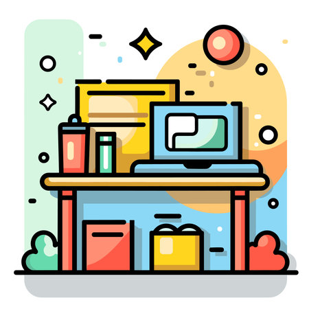 Workplace in flat style. Workplace with computer and office supplies. Vector illustrationのイラスト素材