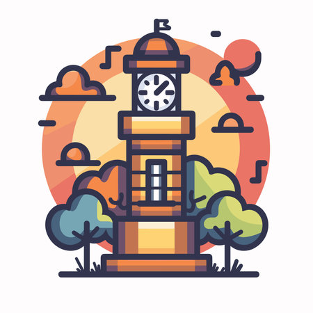 Vector illustration of a clock tower in the park. Flat style.のイラスト素材