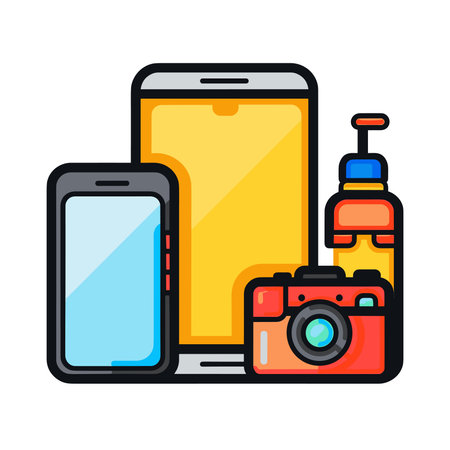 Smartphone and camera with sanitizer bottle vector illustration graphic design