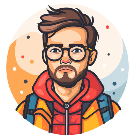 Hipster man in a red jacket and glasses. Vector illustration.