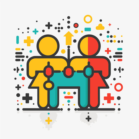 Teamwork concept with people and icons, thin line design, vector illustration.のイラスト素材
