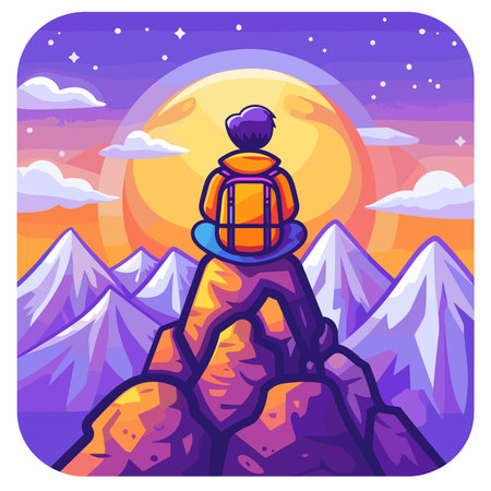Hiker with backpack standing on top of the mountain. Vector illustrationのイラスト素材