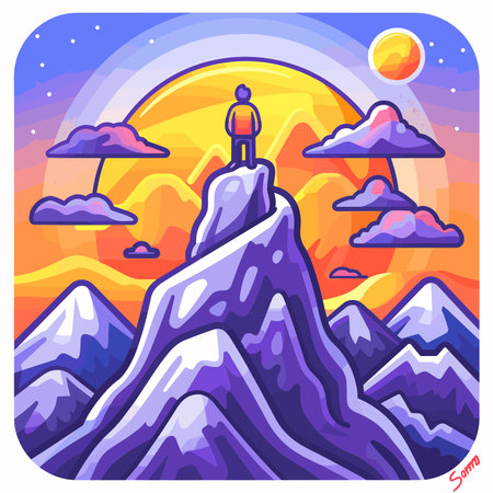 Mountain landscape with a man standing on the top of a mountain. Vector illustrationのイラスト素材