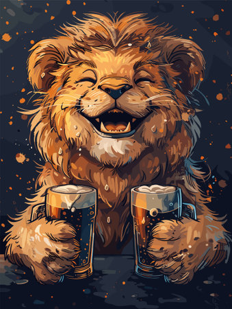 lion and two glasses of beer on a dark background, vector illustrationのイラスト素材