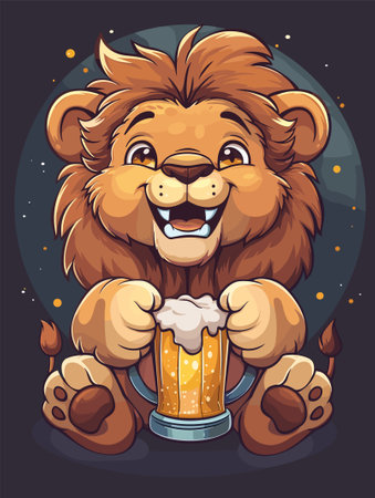 Cute cartoon lion with a glass of beer. Vector illustration.のイラスト素材