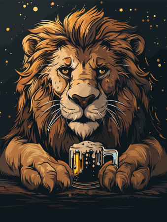 lion with a mug of beer in his hand, vector illustrationのイラスト素材