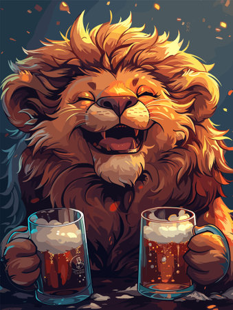 Lion with two glasses of beer. Vector illustration in cartoon style.のイラスト素材
