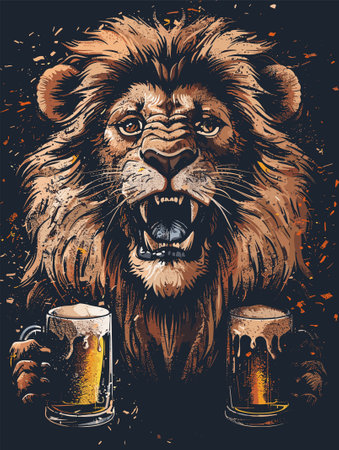 Lion with beer. Grunge background. Vector illustration.のイラスト素材