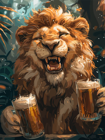 Lion with two glasses of beer. Vector illustration for your designのイラスト素材