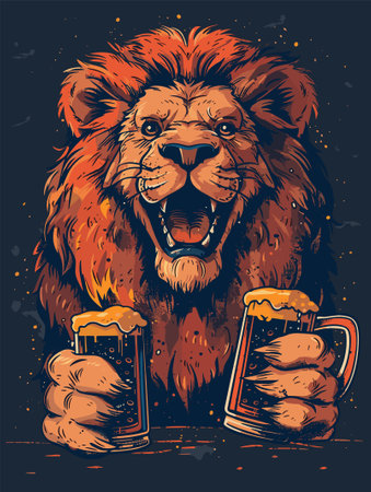 Lion head with two glasses of beer. Vector illustration in retro style.のイラスト素材