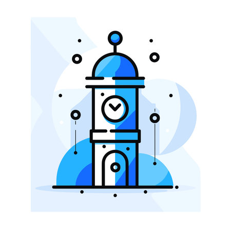 Vector illustration in flat linear style with clock tower on blue background.