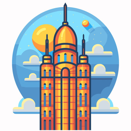 Vector illustration of skyscraper in the sky with clouds. Flat style.のイラスト素材