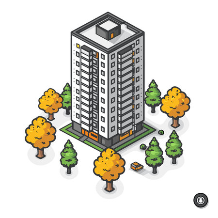 Isometric flat 3D vector illustration of a city building with trees.のイラスト素材