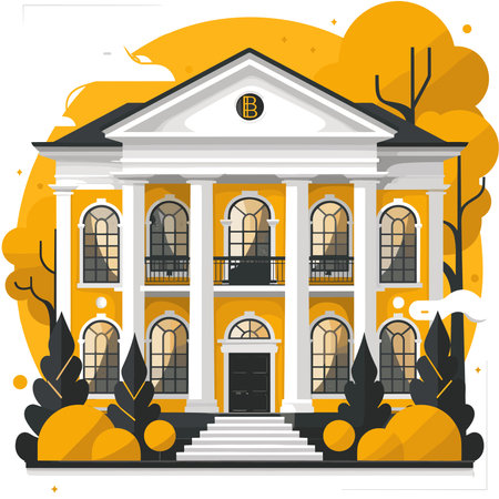 Bank building on a background of autumn landscape. Vector illustration in flat style.のイラスト素材