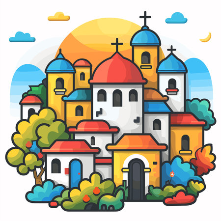 Colorful church in the city. Vector illustration in flat style.のイラスト素材