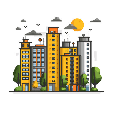 City landscape with modern buildings. Vector illustration in flat design style.のイラスト素材