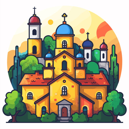Church in the forest. Colorful vector illustration in flat style.のイラスト素材