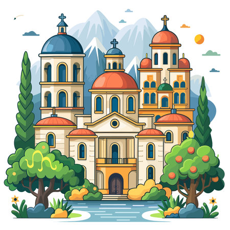 Church in the mountains. Vector illustration in flat cartoon style. Beautiful church in the mountains.のイラスト素材